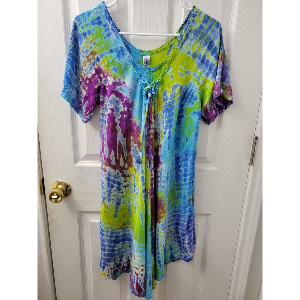 India Boutique Tie Dye Tunic Dress Blue Green Purple Rayon Lace Up Boho OSFM